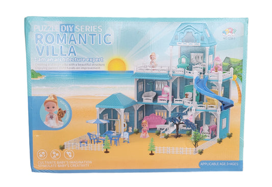 25-inch Dollhouse Villa Play Set with Two Dolls, Blue (ages 3+)