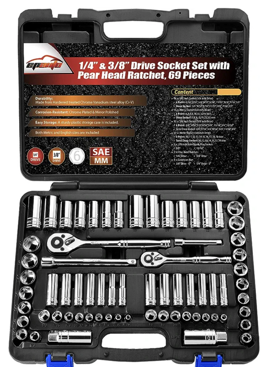 EP Auto 1/4"-3/8" Drive Socket Set with Pear Head Ratchet, 69Pcs