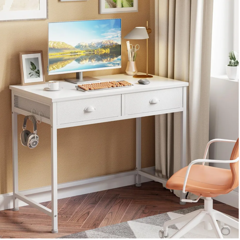 Furology Small Home Office Desk with Two Fabric Drawers, White