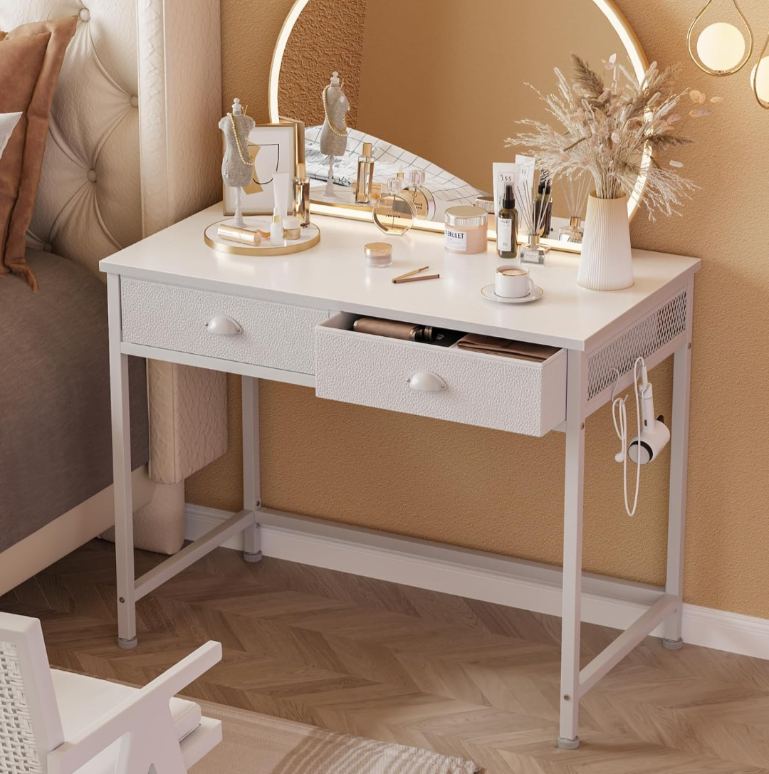 Furology Small Home Office Desk with Two Fabric Drawers, White