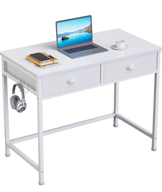 Furology Small Home Office Desk with Two Fabric Drawers, White