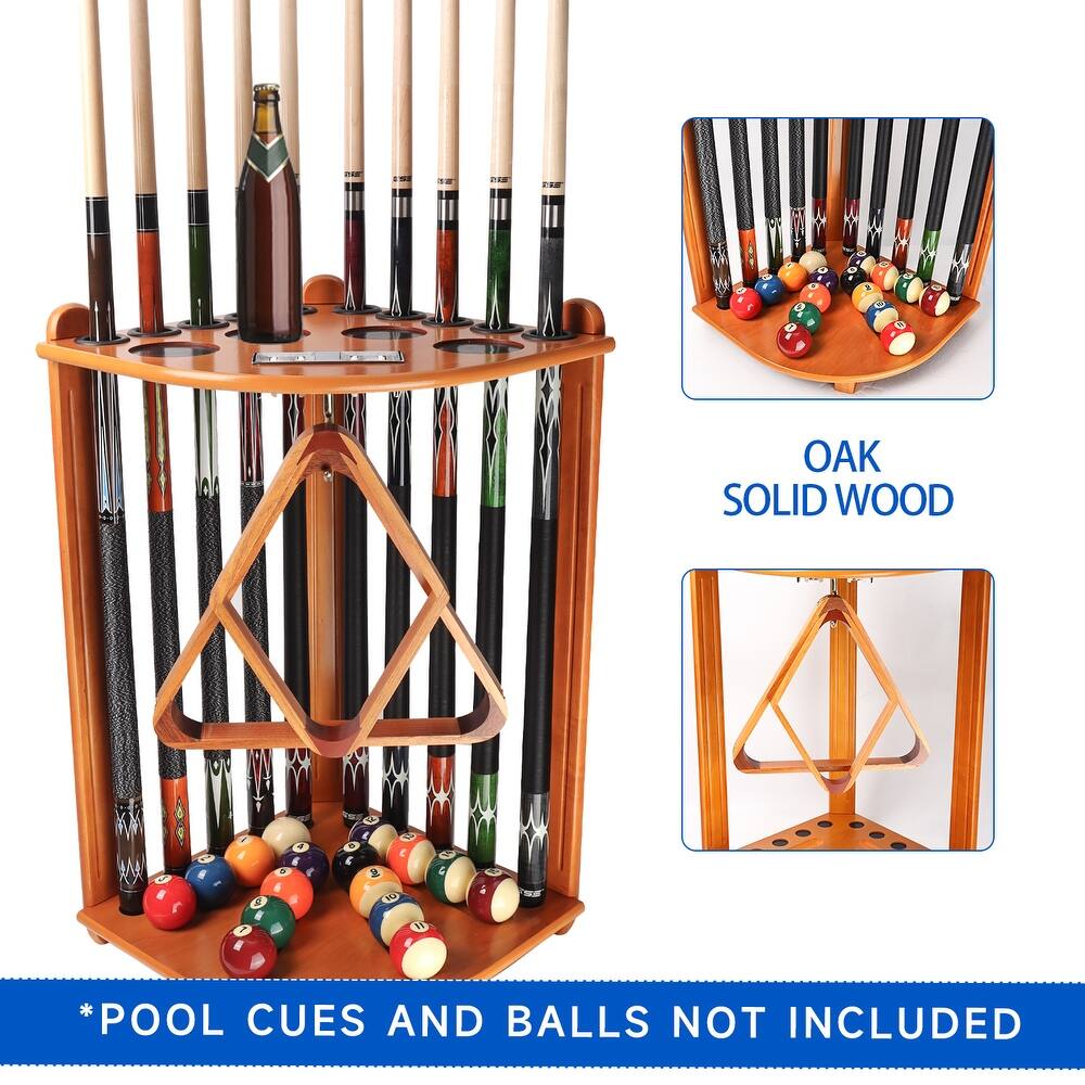 8-Cue Wooden Corner-Style Pool Cue Rack. Floor Standing Pool Stick Holder, Oak