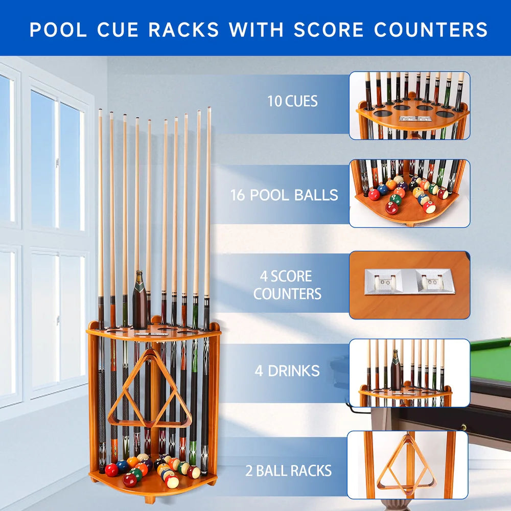 8-Cue Wooden Corner-Style Pool Cue Rack. Floor Standing Pool Stick Holder, Oak