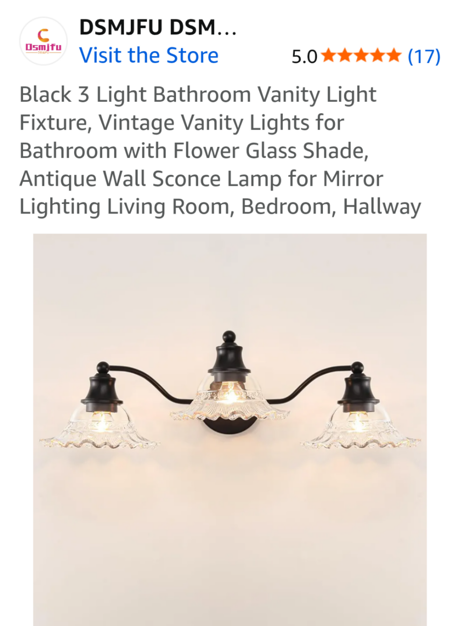 3-Light Vanity Lighting with Clear Flower Glass Shades, Black