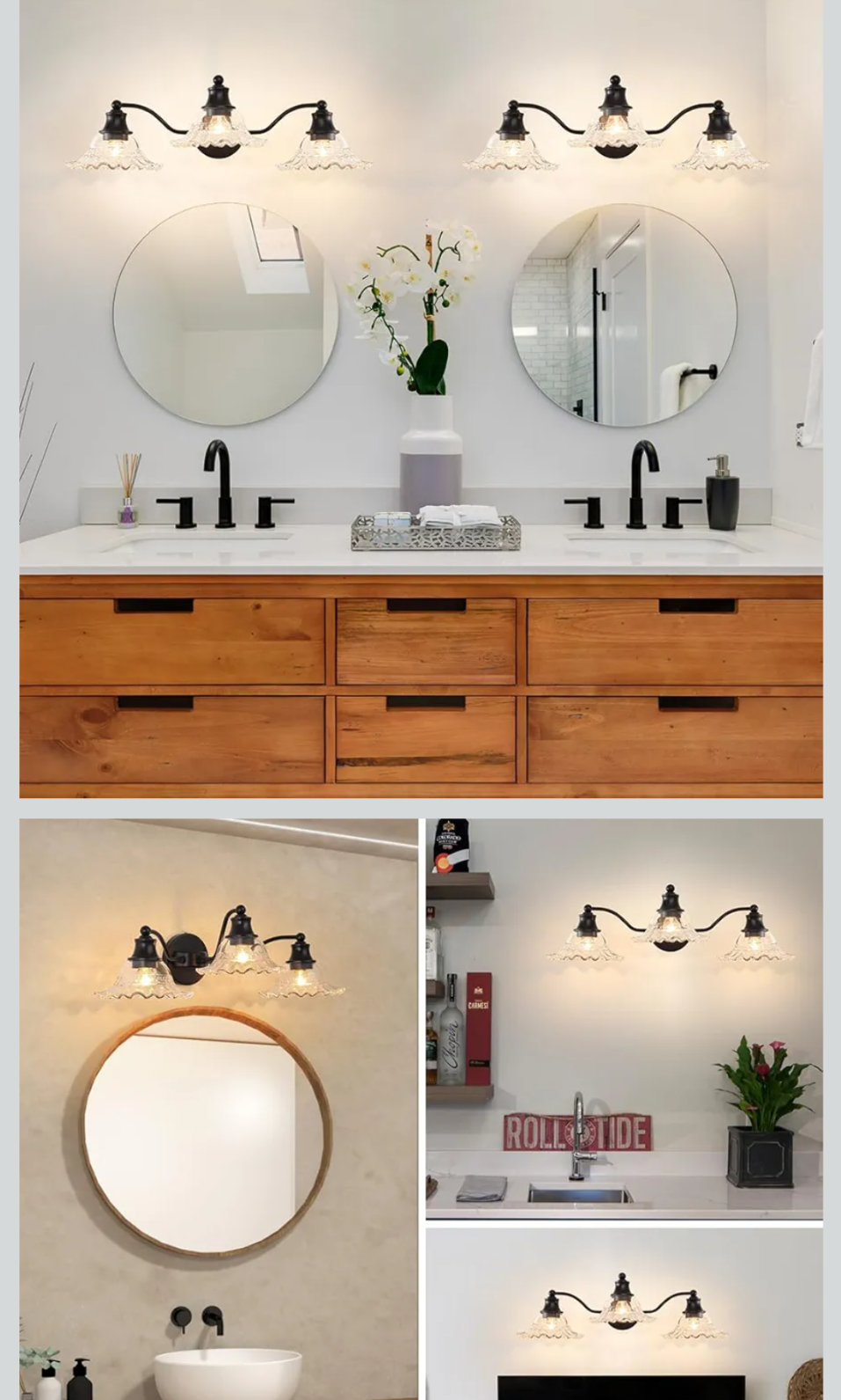 Bathroom vanity with round mirror, lights, and various elements.