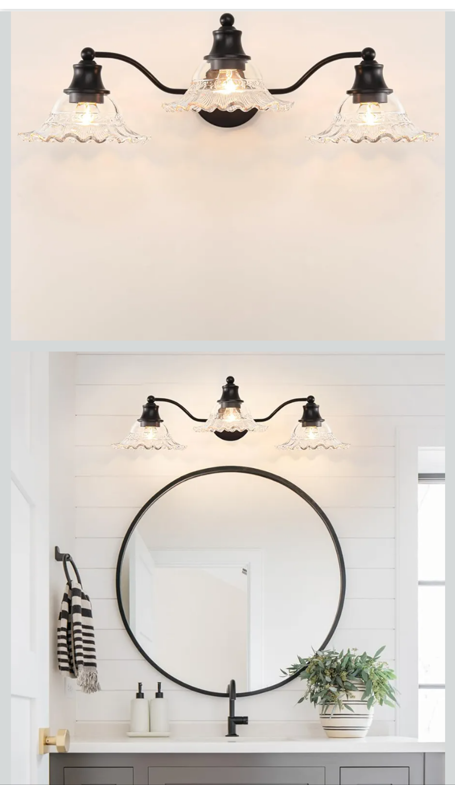 Bathroom vanity with round mirror, light fixture, and decorative items.