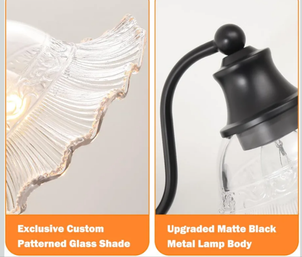 Two light fixtures with labeled features on an orange background