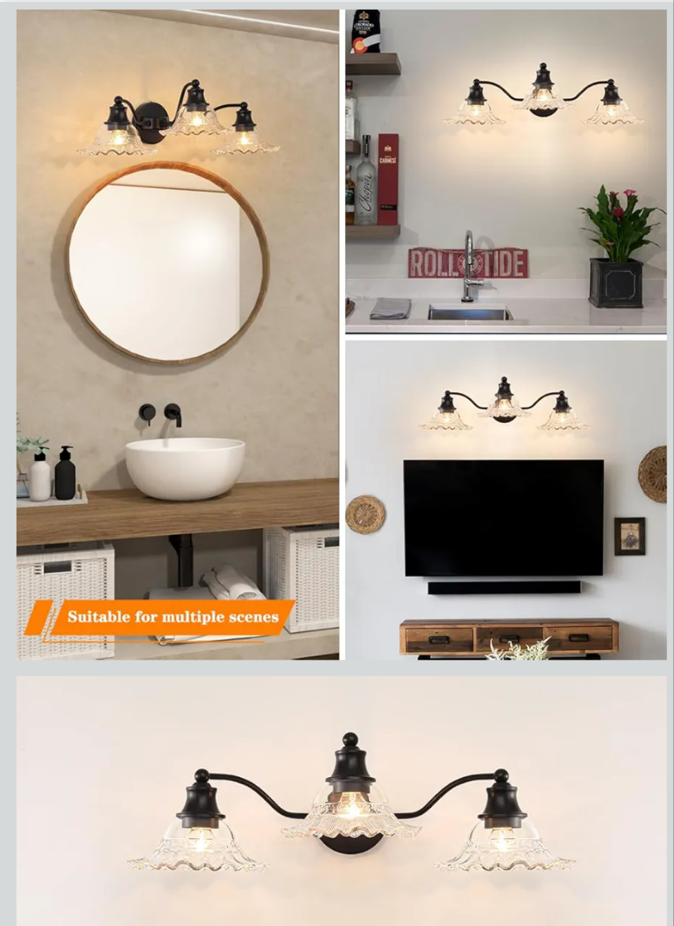 Collage of a modern wall-mounted light fixture in various settings.