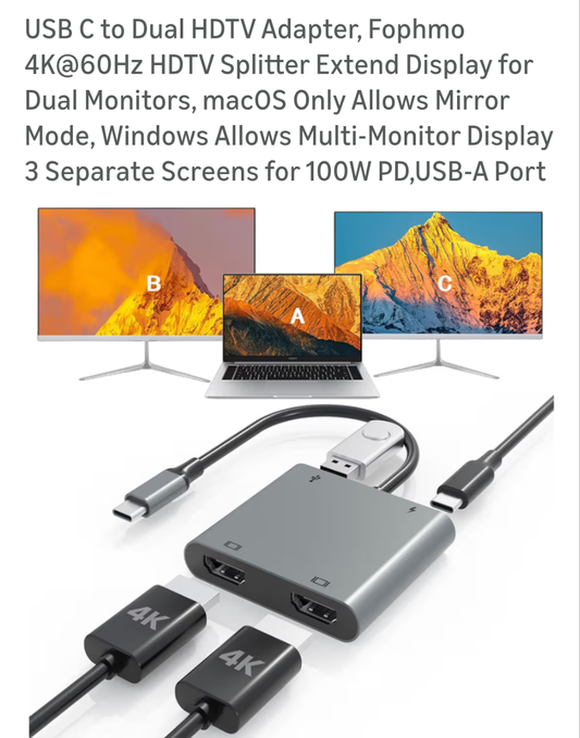 USB C to Dual HDTV Adapter 4k @ 60khz