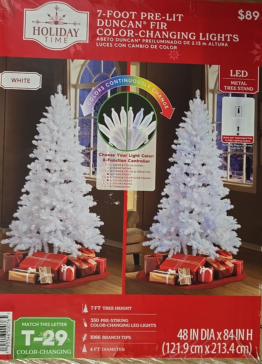 Holiday Time pre-lit Christmas tree packaging with color-changing lights.