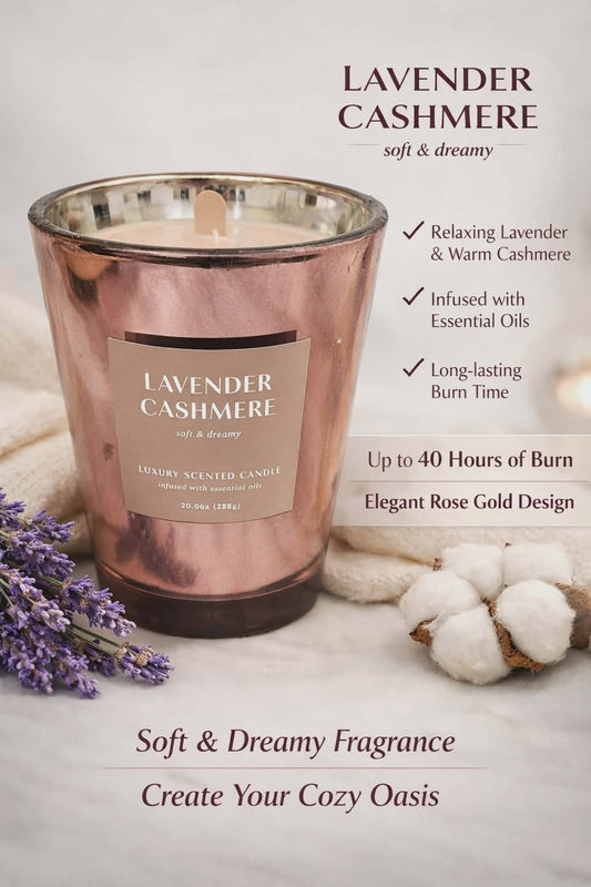 Luxury Scented Candle: Lavender Cashmere, 50-60 Hrs of Burn