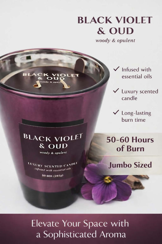 Luxury Scented Candle: Black Violet and Oud, 50-60 Hrs of Burn