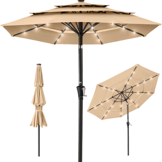 Solar-Powered 7.5ft LED Lighted Patio Umbrella, Sand Color