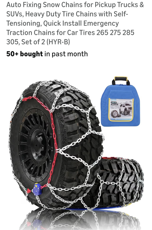 Auto Fixing Snow Tire-Chains for Sizes 265, 275, 285, 305 Set of 2