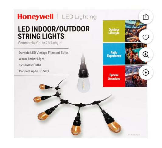 Honeywell Indoor / Outdoor LED String Lights 24' 12-Bulb  Vintage Warm White