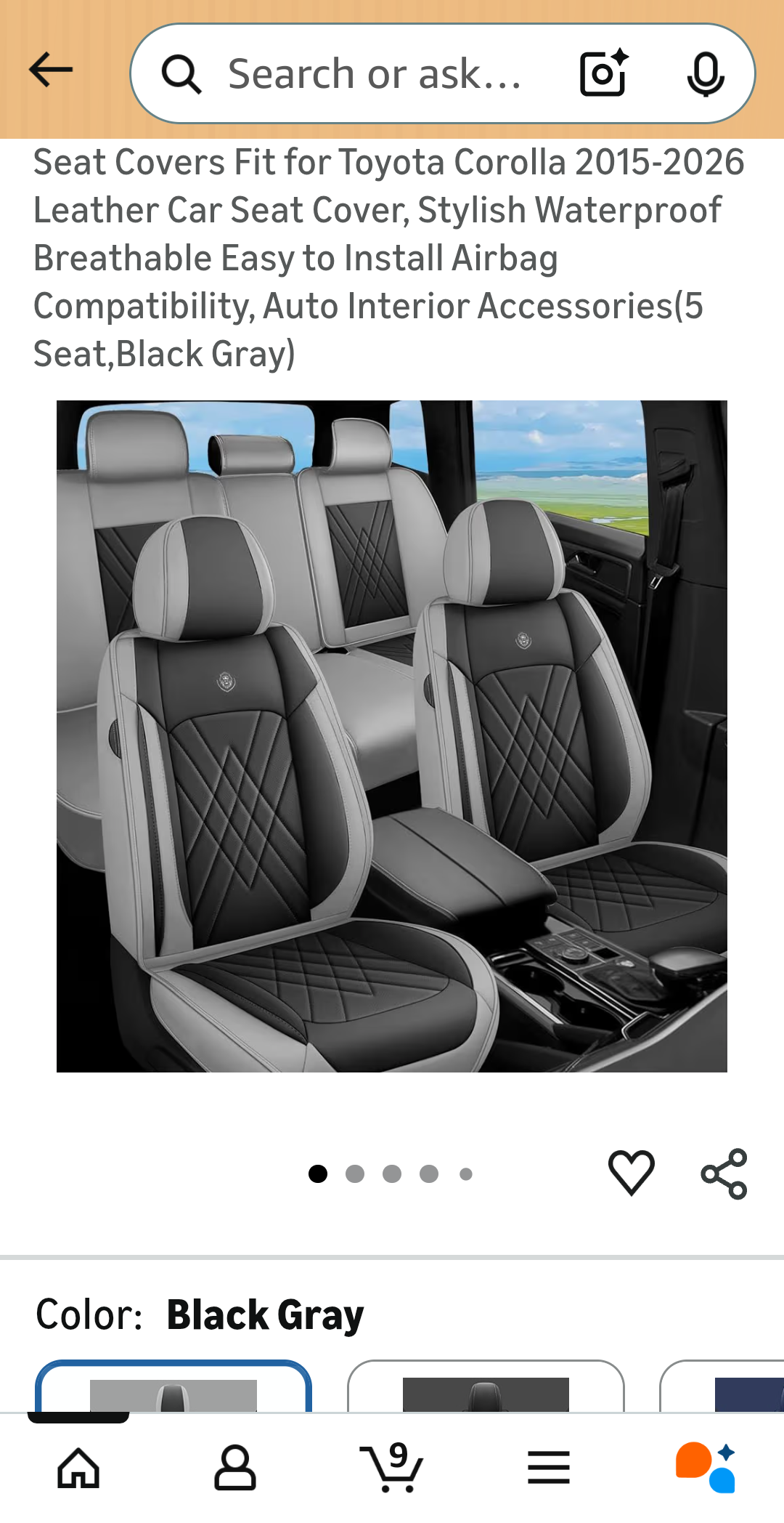 Car Seat Covers Black and Gray 5-Seat w/o Pillows for 2015-2026 Toyota Corolla