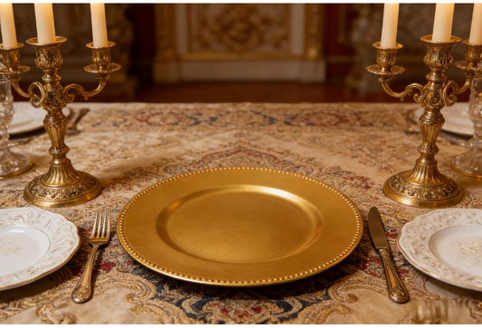 13" Elegant Beaded Charger Plate, Plastic, 50ct Gold.