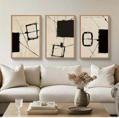 Houria Nordic Abstract 3-Part Set with Black and Beige Brushstrokes