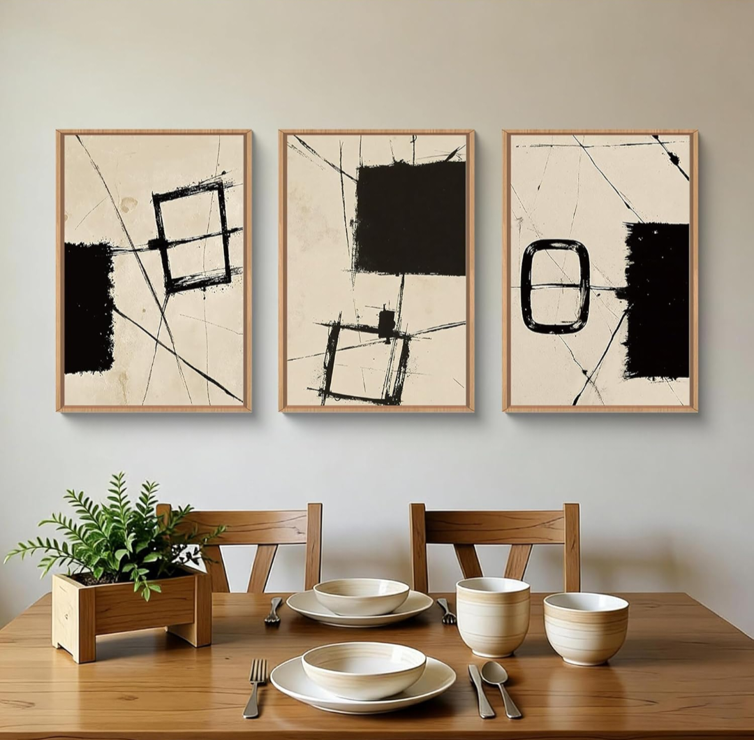 Houria Nordic Abstract 3-Part Set with Black and Beige Brushstrokes