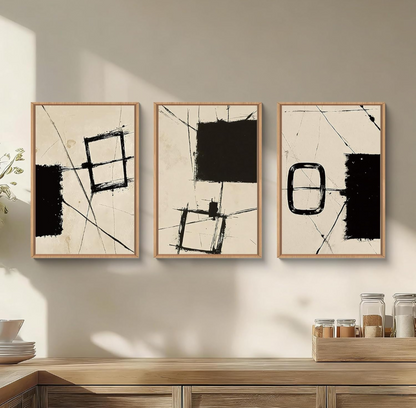 Houria Nordic Abstract 3-Part Set with Black and Beige Brushstrokes