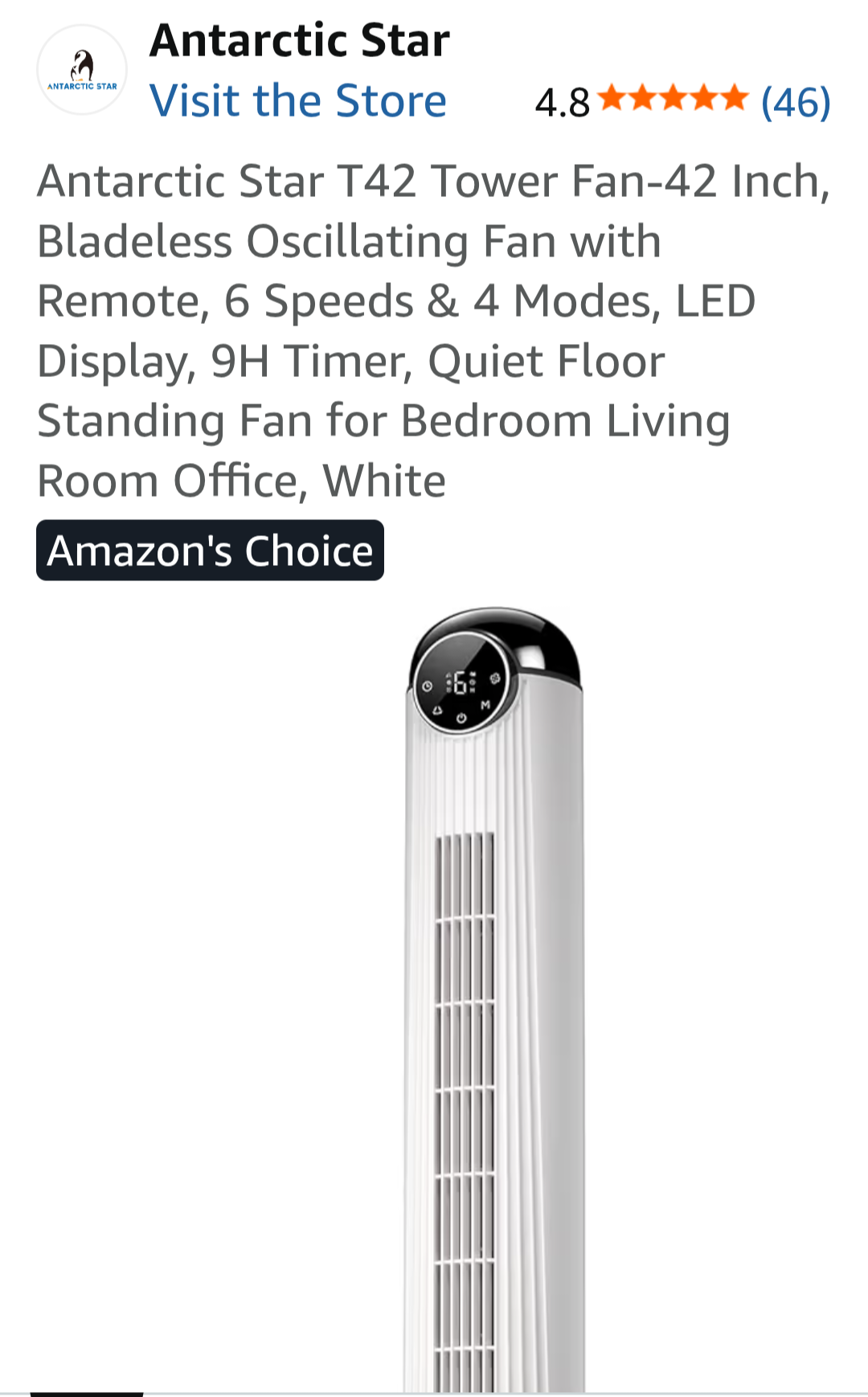 Antarctic Star 42" Oscillating Tower Fan with Remote, White