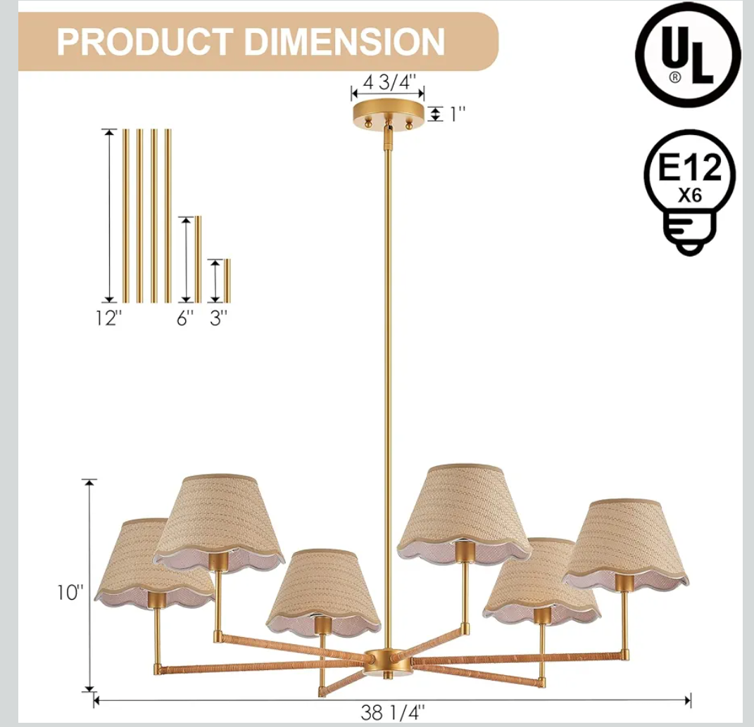 39" Boho Rattan Six-Light Chandelier