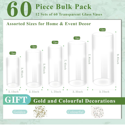 60pcs Cylinder Glass Vase for Centerpieces, 4,6,7.5,8,10 inch Tall