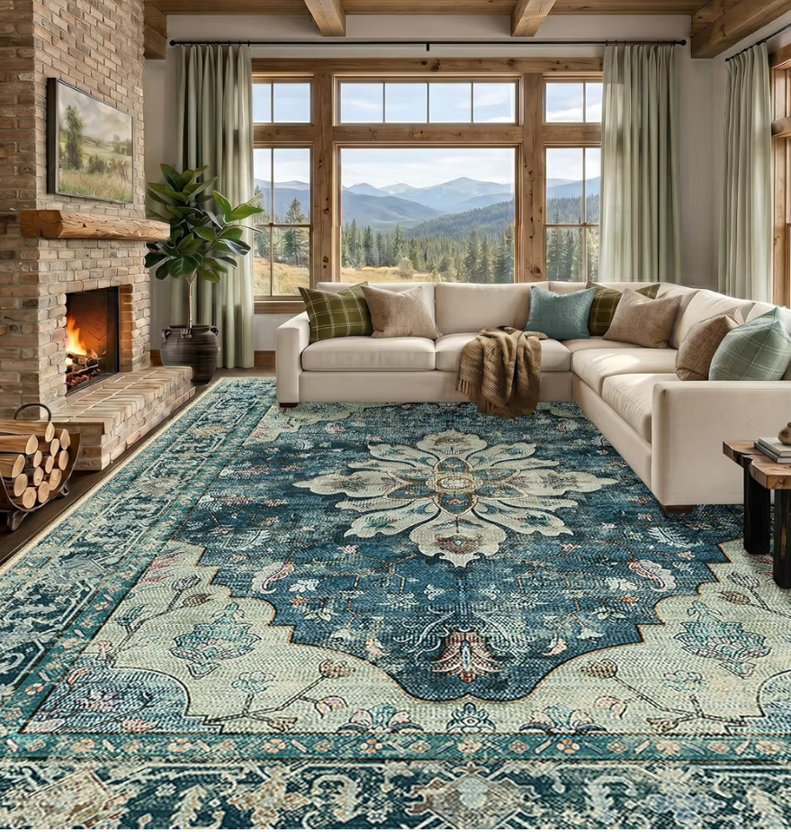 RELEANY Area Rugs Large 9'x12 Washable Non-Slip, Floral Vintage Distress Medallion Carpet