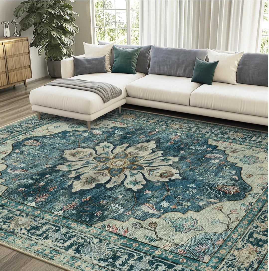 RELEANY Area Rugs Large 9'x12 Washable Non-Slip, Floral Vintage Distress Medallion Carpet