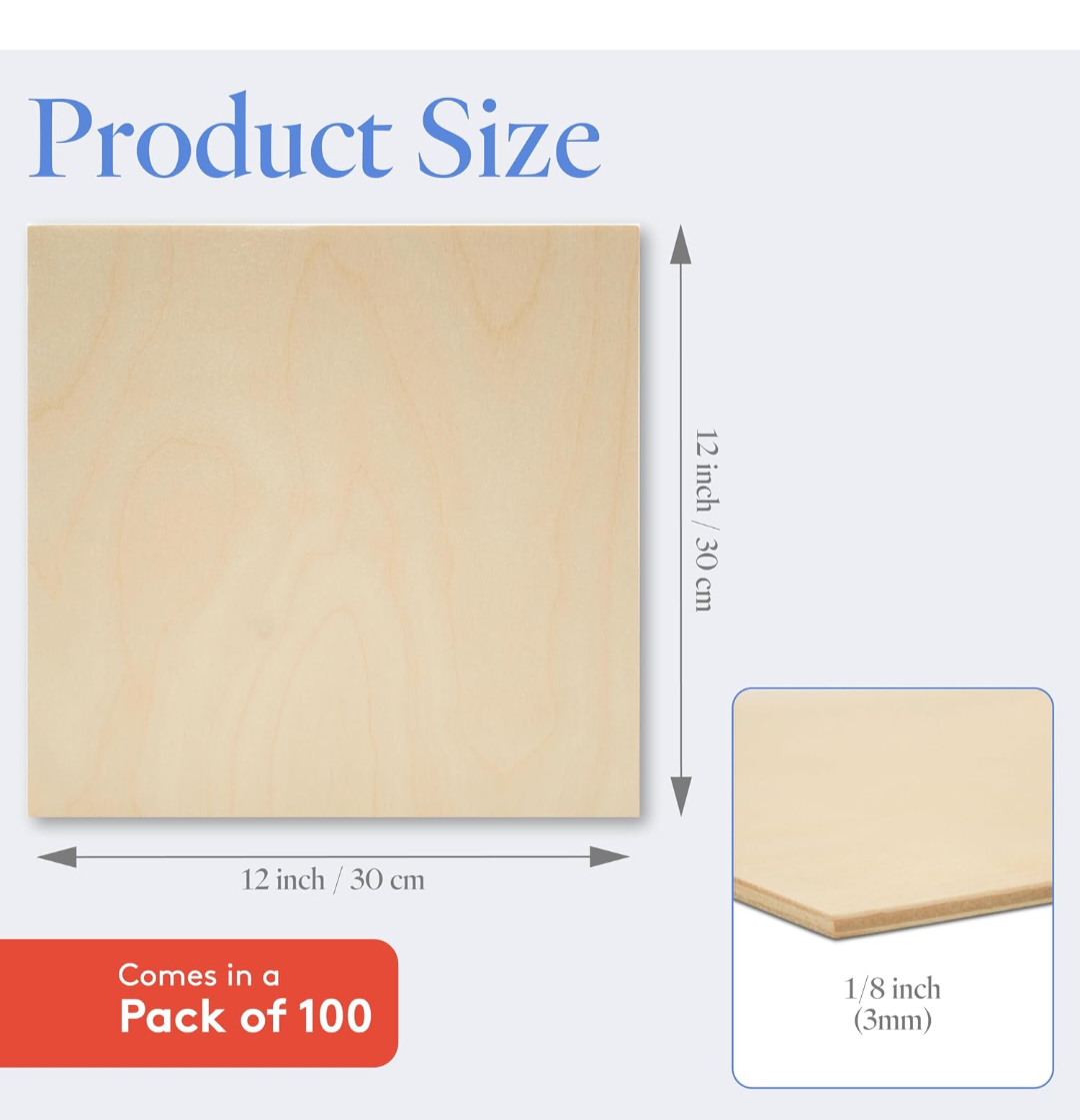 3 mm Baltic Birch Plywood 1/8 x 12 x 12 inch, Box of 100 B/BB Grade Craft Wood,