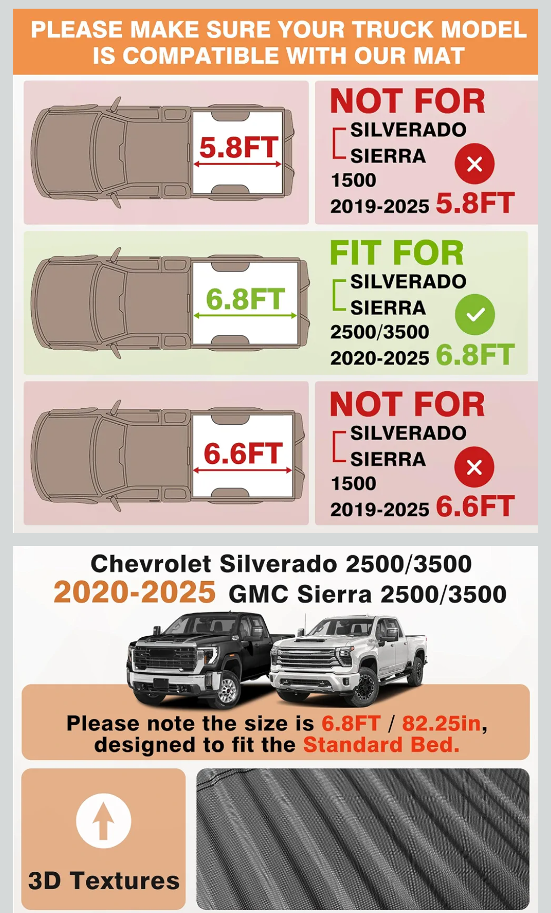 Truck Mat Compatible with 2020- 2026 Chevy Silverado/GMC Sierra 2500 3500HD 6.8FT