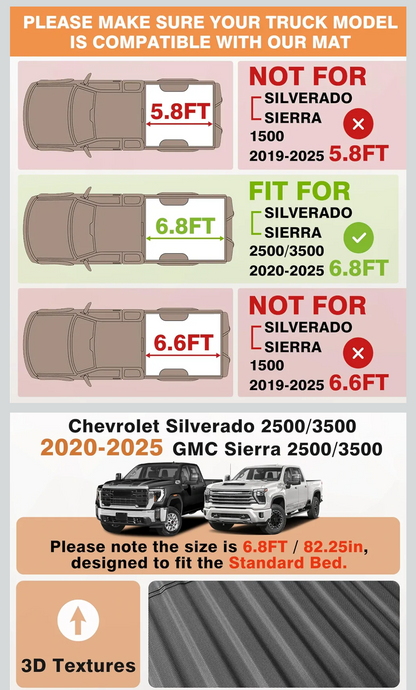 Truck Mat Compatible with 2020- 2026 Chevy Silverado/GMC Sierra 2500 3500HD 6.8FT