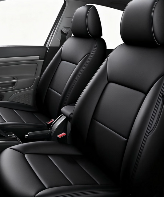 Black faux leather car seat covers installed on the front seats of a vehicle interior, shown in a mobile app product listing with the brand name IKABEVEM.