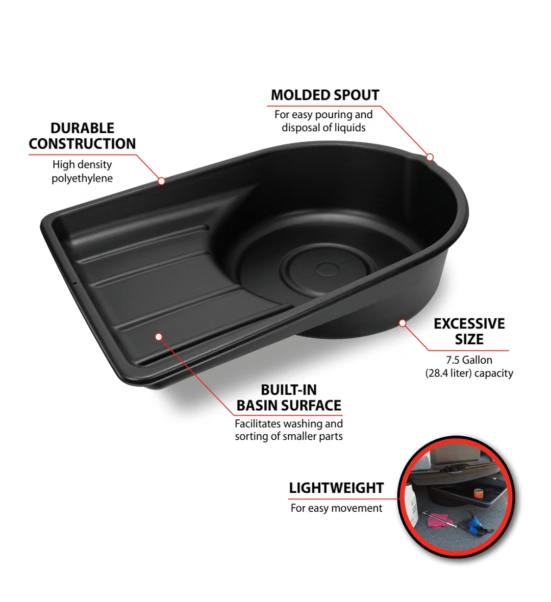 Performance Tool W4072 Black Extra Large Portable 7.5 Gallon Oil Drain Pan, (28.4 ))