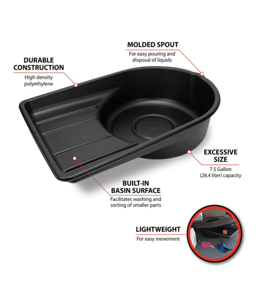 Performance Tool W4072 Black Extra Large Portable 7.5 Gallon Oil Drain Pan, (28.4 ))