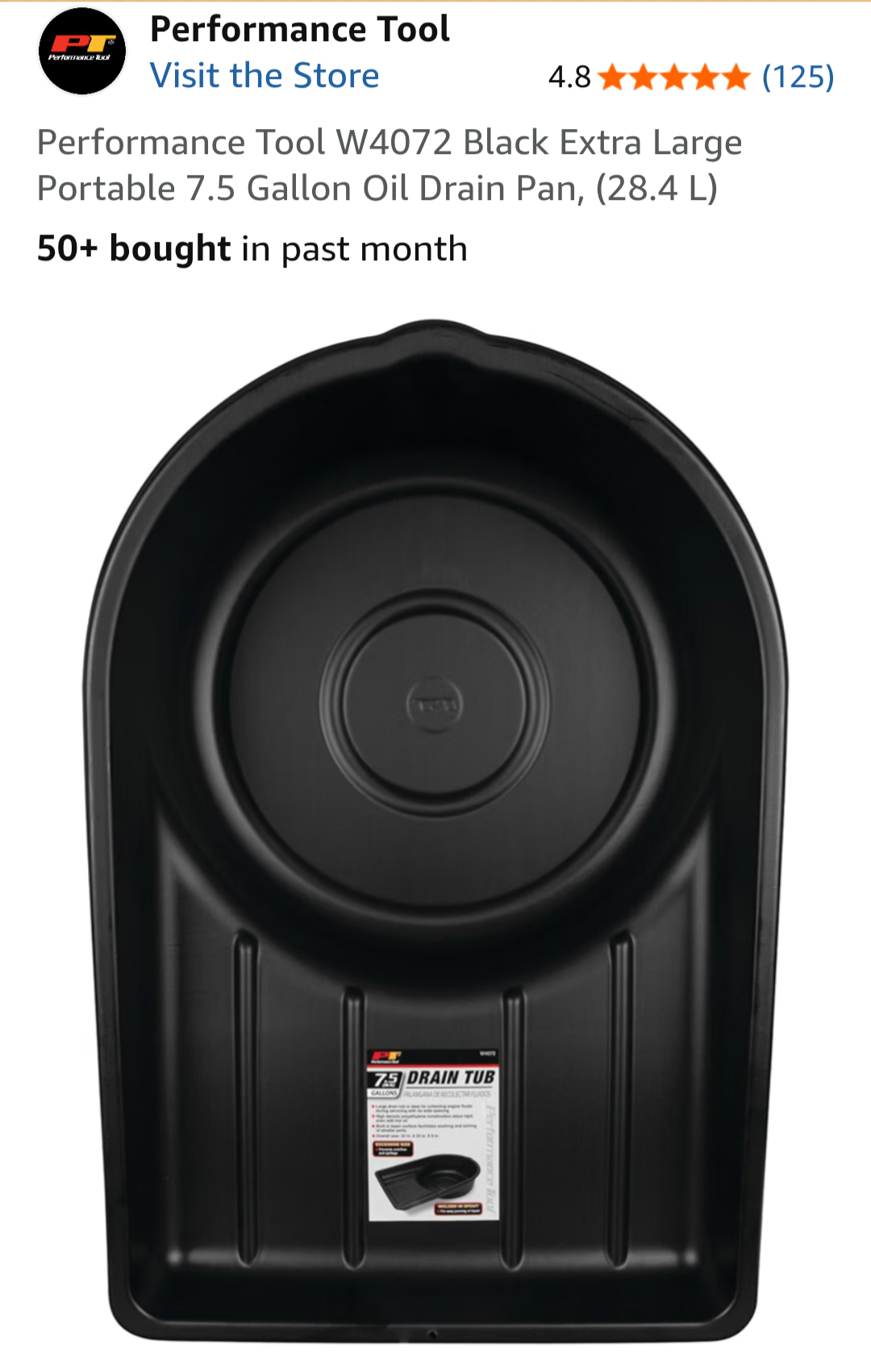 Performance Tool W4072 Black Extra Large Portable 7.5 Gallon Oil Drain Pan, (28.4 ))
