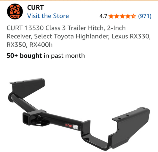 CURT 13530 Class 3 Trailer Hitch, 2-Inch Receiver, Select Toyota Highlander, Lexus RX330, RX350, RX400h