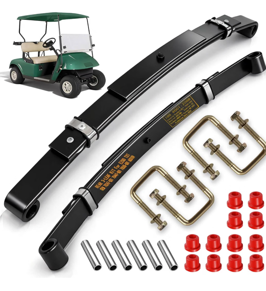 Upgraded Heavy Duty Rear 3-Leaf Springs Kit for EGO TXT/Medalist Electric 1994-2013 and Gas 1996-2008 Golf Cart Suspension with Bushings Sleeves and U Bolts