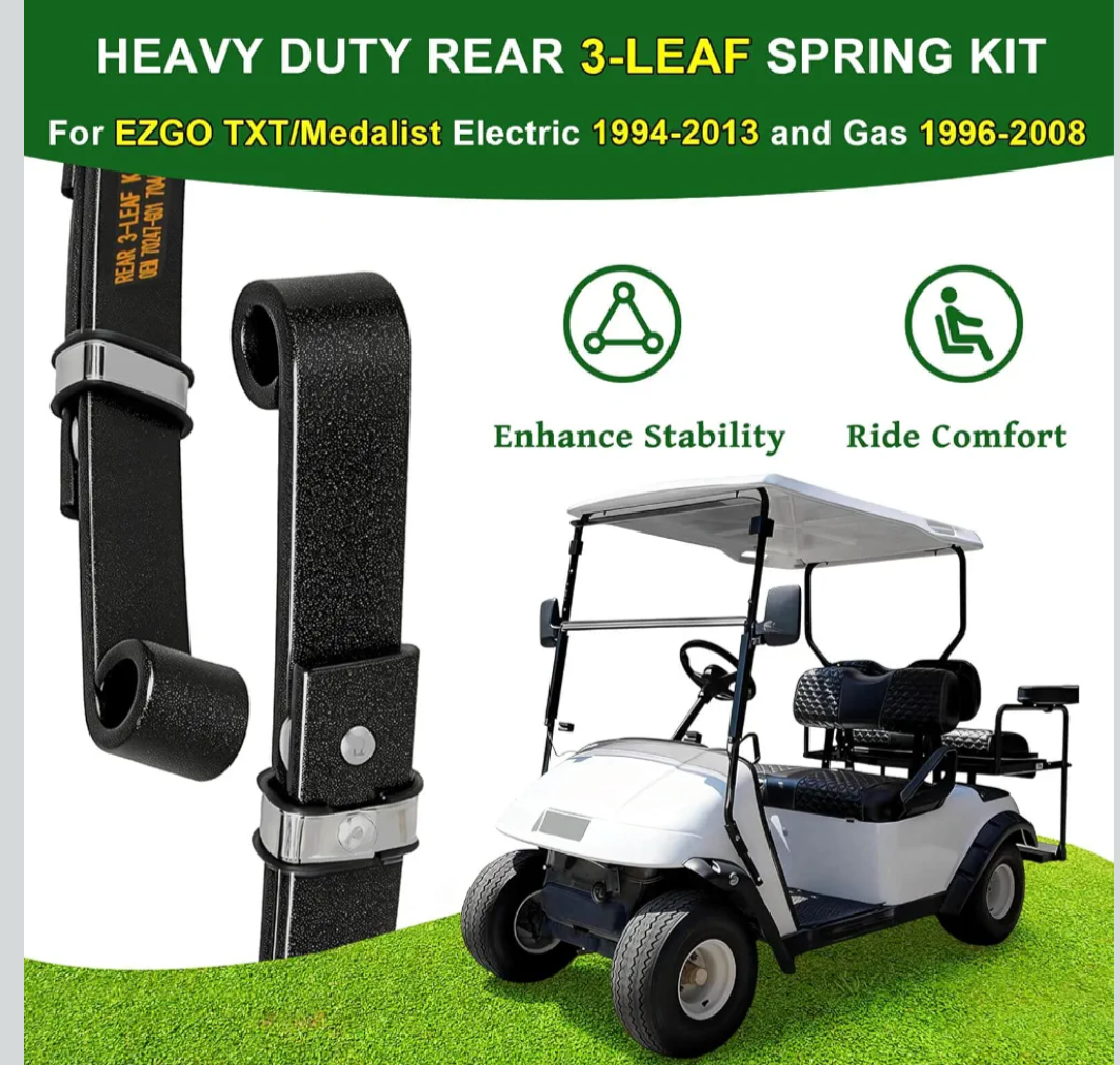 Upgraded Heavy Duty Rear 3-Leaf Springs Kit for EGO TXT/Medalist Electric 1994-2013 and Gas 1996-2008 Golf Cart Suspension with Bushings Sleeves and U Bolts