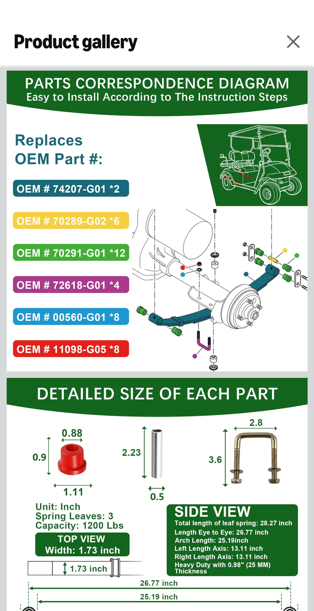 Upgraded Heavy Duty Rear 3-Leaf Springs Kit for EGO TXT/Medalist Electric 1994-2013 and Gas 1996-2008 Golf Cart Suspension with Bushings Sleeves and U Bolts