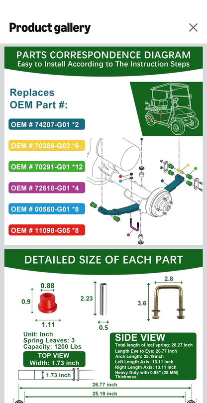 Upgraded Heavy Duty Rear 3-Leaf Springs Kit for EGO TXT/Medalist Electric 1994-2013 and Gas 1996-2008 Golf Cart Suspension with Bushings Sleeves and U Bolts