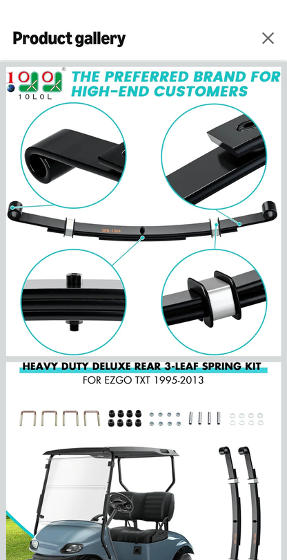 Upgraded Heavy Duty Rear 3-Leaf Springs Kit for EGO TXT/Medalist Electric 1994-2013 and Gas 1996-2008 Golf Cart Suspension with Bushings Sleeves and U Bolts