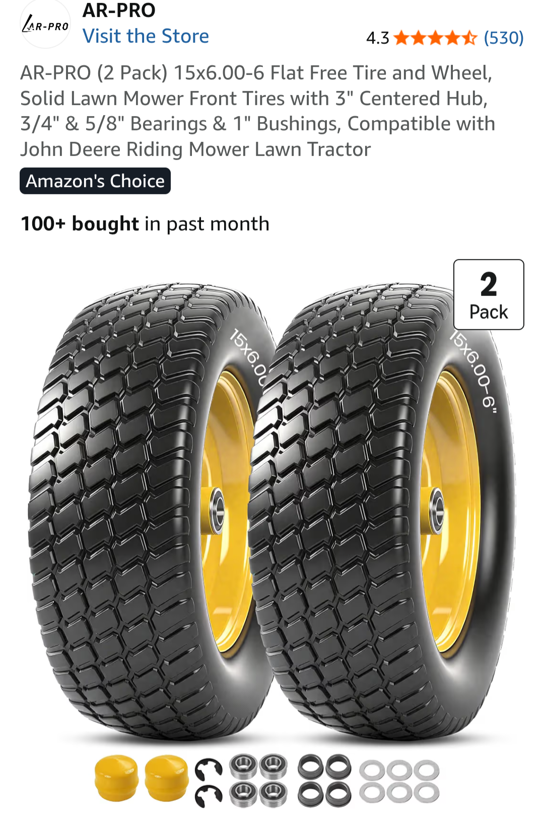 AR-PRO (2 Pack) 15x6.00-6 Flat Free Tire and Wheel Solid Lawn Mower Front Tires with 3" Centered Hub 3/4" & 5/8" Bearings & 1" Bushings, Compatible with John Deere Riding