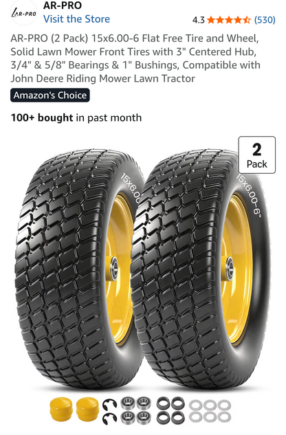 AR-PRO (2 Pack) 15x6.00-6 Flat Free Tire and Wheel Solid Lawn Mower Front Tires with 3" Centered Hub 3/4" & 5/8" Bearings & 1" Bushings, Compatible with John Deere Riding