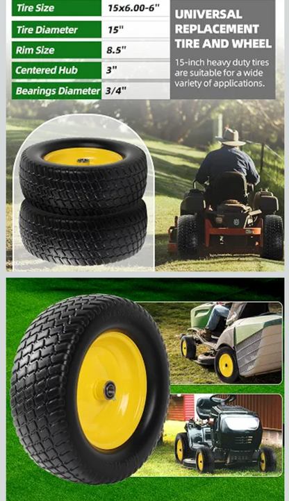 AR-PRO (2 Pack) 15x6.00-6 Flat Free Tire and Wheel Solid Lawn Mower Front Tires with 3" Centered Hub 3/4" & 5/8" Bearings & 1" Bushings, Compatible with John Deere Riding