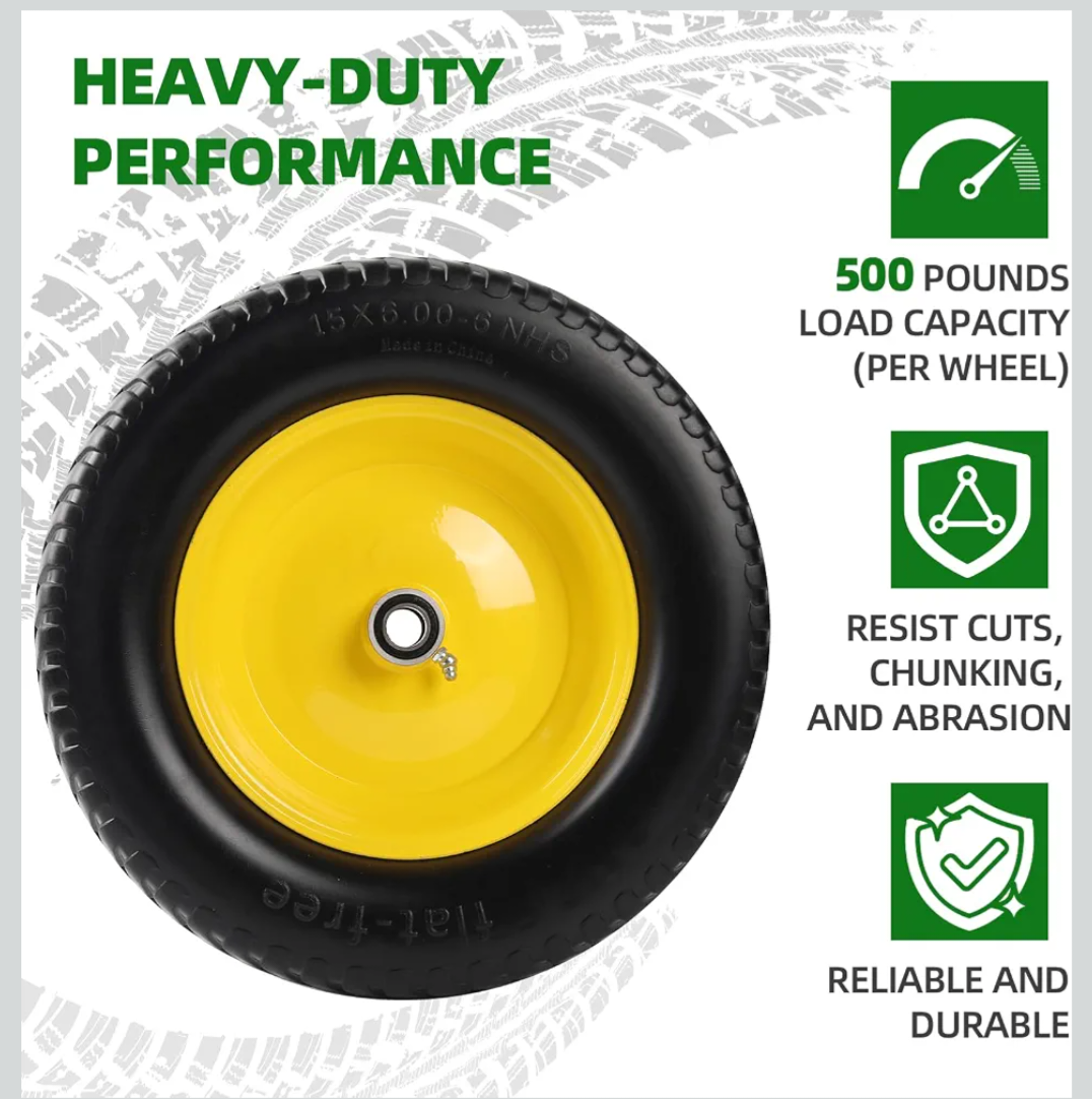 AR-PRO (2 Pack) 15x6.00-6 Flat Free Tire and Wheel Solid Lawn Mower Front Tires with 3" Centered Hub 3/4" & 5/8" Bearings & 1" Bushings, Compatible with John Deere Riding