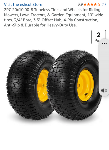 AR-PRO 20x10.00-8 Tubeless Lawn Mower Tire and Wheel Assembly (2-Pack)