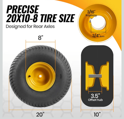 AR-PRO 20x10.00-8 Tubeless Lawn Mower Tire and Wheel Assembly (2-Pack), 4-Ply Rear Tire with Steel Rim
