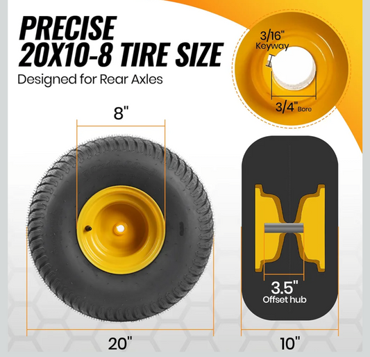 AR-PRO 20x10.00-8 Tubeless Lawn Mower Tire and Wheel Assembly (2-Pack), 4-Ply Rear Tire with Steel Rim