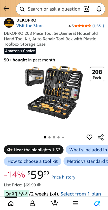 DEKOPRO 208 Piece Tool Set,General Household Hand Tool Kit, Auto Repair Tool Box with Plastic Toolbox Storage Case